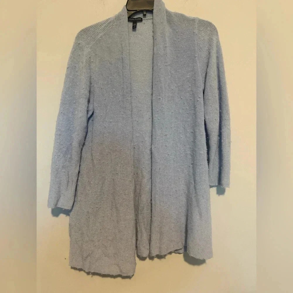 Eileen Fisher Cardigan Sweater Womens Large Blue Open Front Fuzzy Wool/ Lyocell